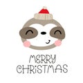Merry Christmas. Cartoon sloth, hand drawing lettering. holiday theme. Colorful vector illustration, flat style.